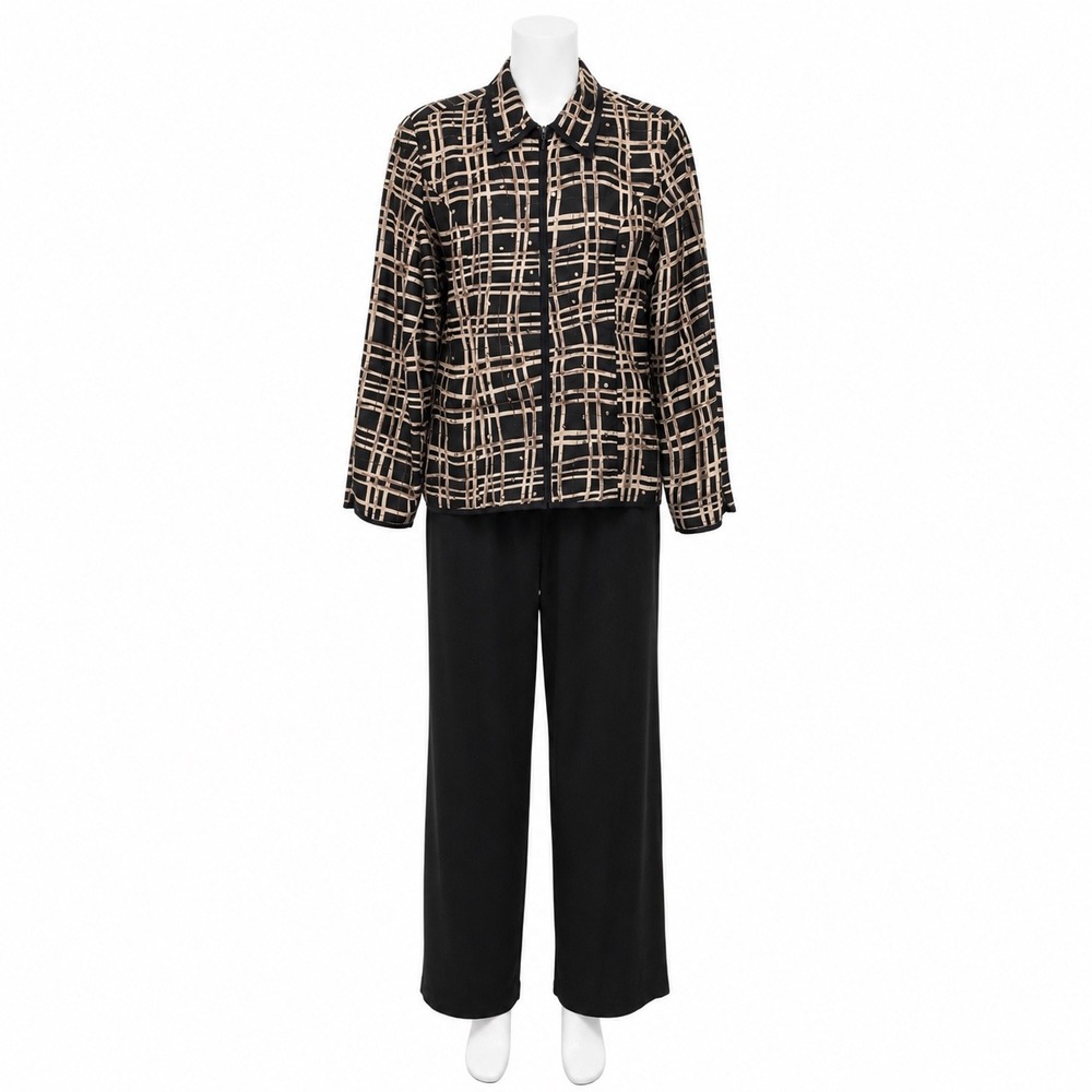 NWT Silkland 2 Pc Silk Pant Suit Womens M Abstract Jacket Wide Leg Set Black